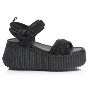 Chloe Nama Platform Wedge Sandals Jet Black Strappy Hook and Loop Size 39 / US 9